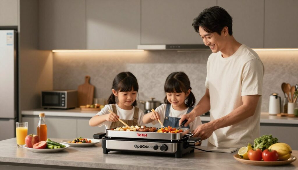 Familie gătind împreună pe grătarul electric Tefal OptiGrill+ XL