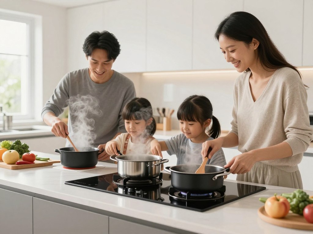 Familie gatind impreuna pe plita Electrolux LIV63431BK in bucatarie moderna