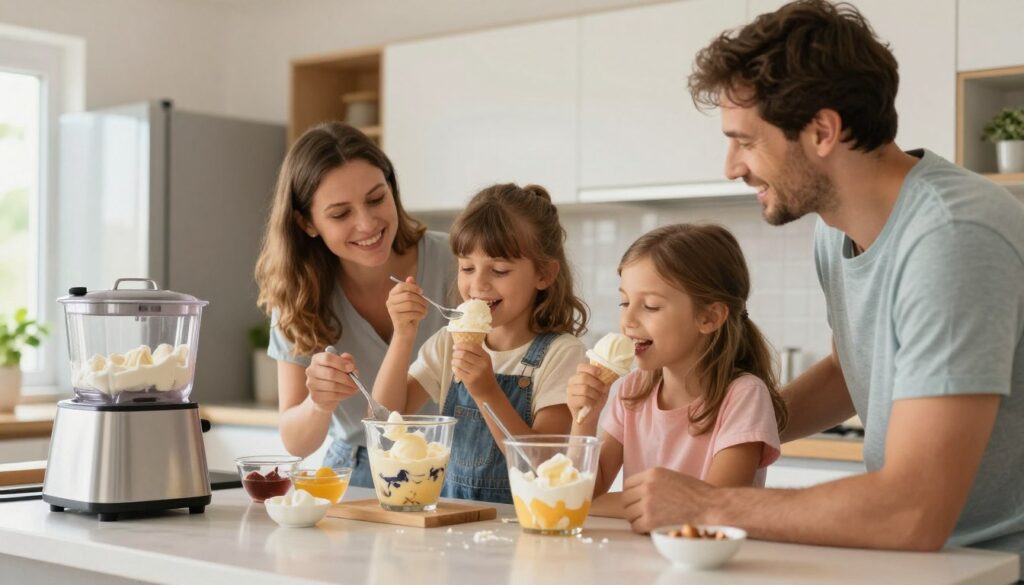 Familie romana fericita savurand inghetata de casa facuta cu aparatul de inghetata recomandat 2026