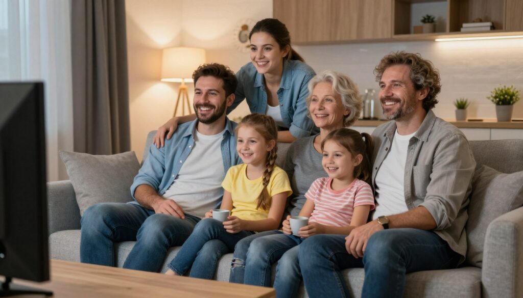 Familie românească bucurându-se de televizor Full HD nou în apartament modern