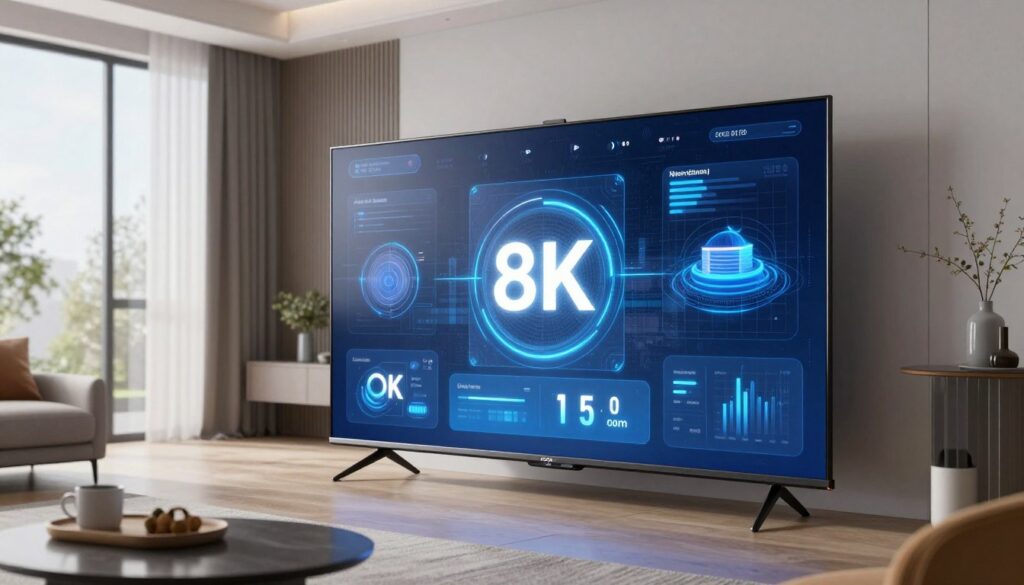 Futuristic 8K TV technology concept with holographic interface in modern apartment