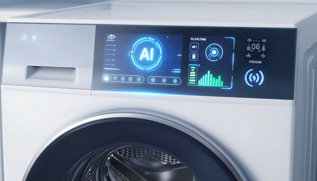 Futuristic AI-powered washing machine interface with smart home integration Futuristic AI-powered washing machine interface with smart home integration