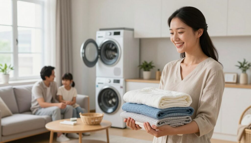 Happy family in modern apartment with new washer dryer enjoying fresh clean laundry Happy family in modern apartment with new washer dryer enjoying fresh clean laundry