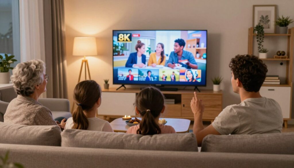 Happy family watching 8K TV together in comfortable Romanian apartment living room