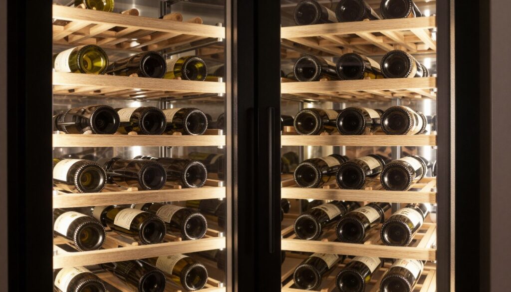 Interior Bosch wine cooler cu sute de sticle organizate