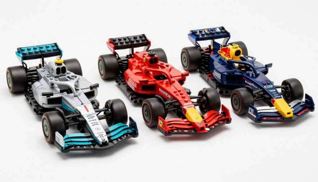 LEGO F1 Mercedes Ferrari Red Bull seturi complete pe suprafață albă