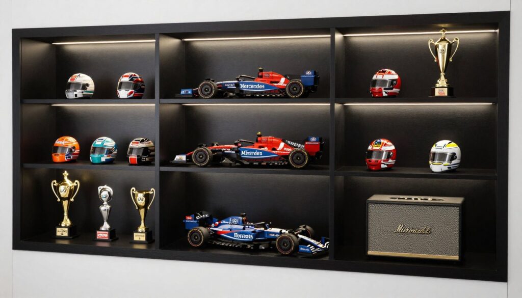 LEGO Mercedes F1 expus pe raft colecție alături trofee