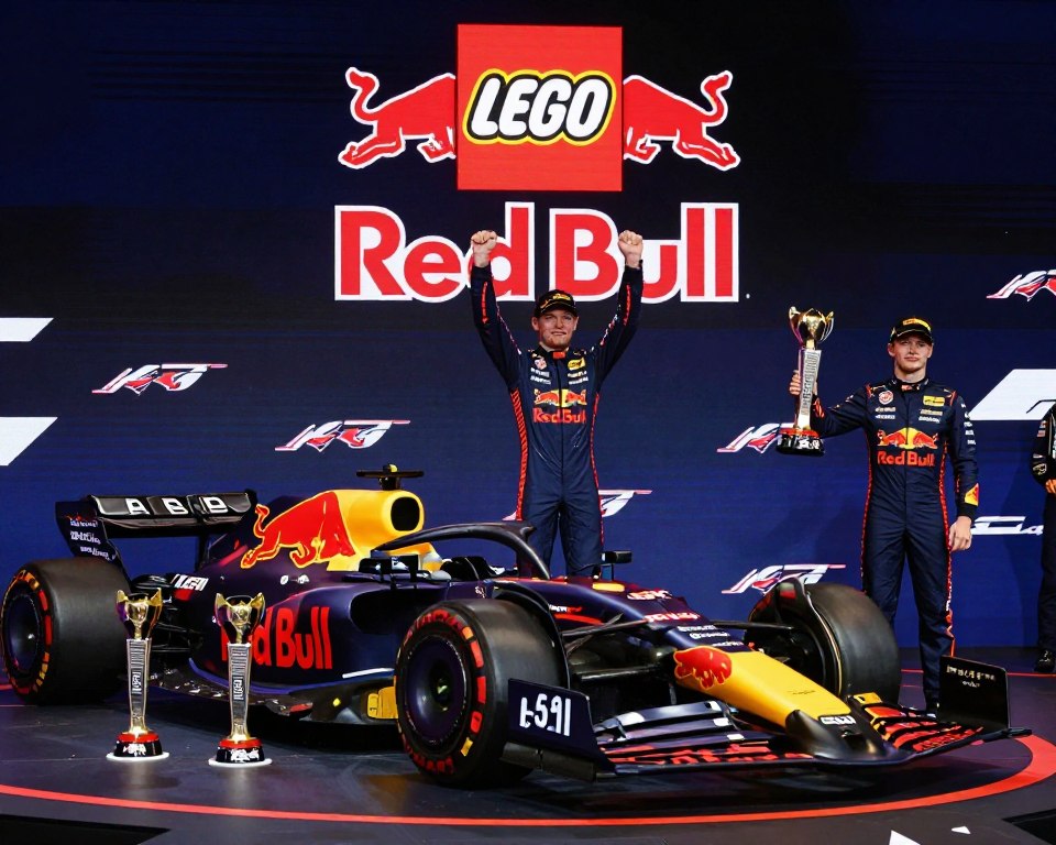 LEGO Red Bull RB20 pe podium cu trofee