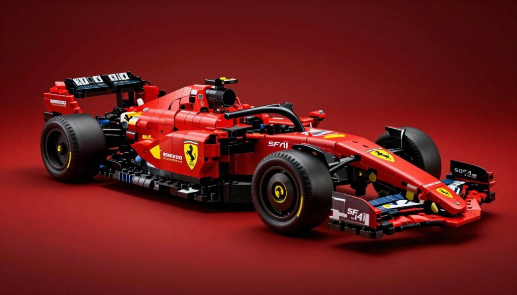 LEGO Speed Champions Ferrari SF-24 complet asamblat pe fundal roșu