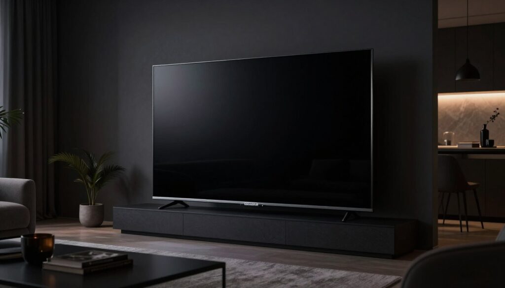 LG OLED 8K TV in dark modern apartment room showing perfect black levels and contrast