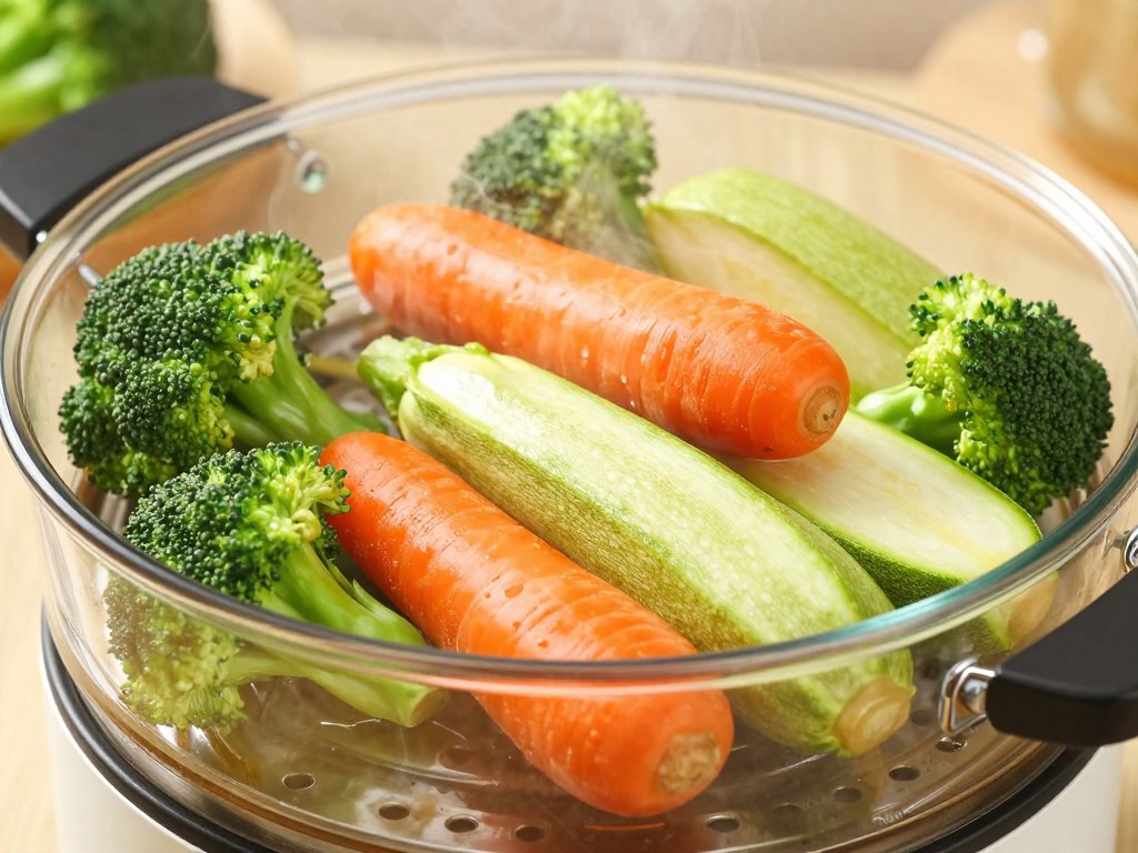 Legume proaspete colorate gătite la aburi într-un aparat transparent