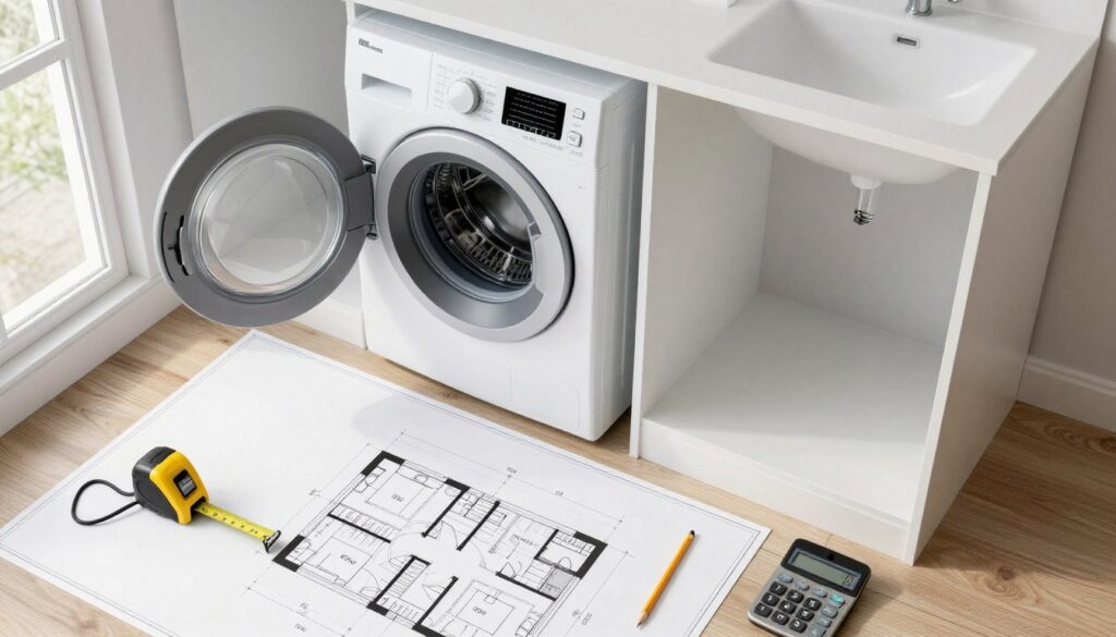 Modern apartment laundry space planning guide with measuring tape and floor plan Modern apartment laundry space planning guide with measuring tape and floor plan