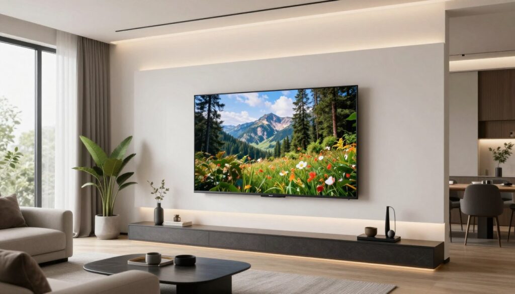 Modern apartment living room with 8K TV mounted on wall showing vibrant nature content