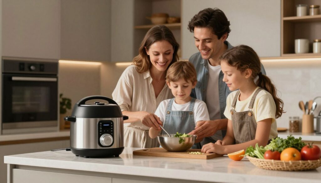 Multicooker modern în bucătărie contemporană românească cu familie fericită