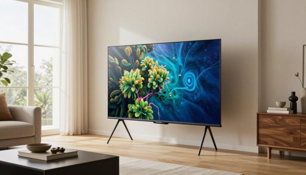 Panasonic Z95B OLED în living spațios cu suport rotativ demonstrat Panasonic Z95B OLED în living spațios cu suport rotativ demonstrat