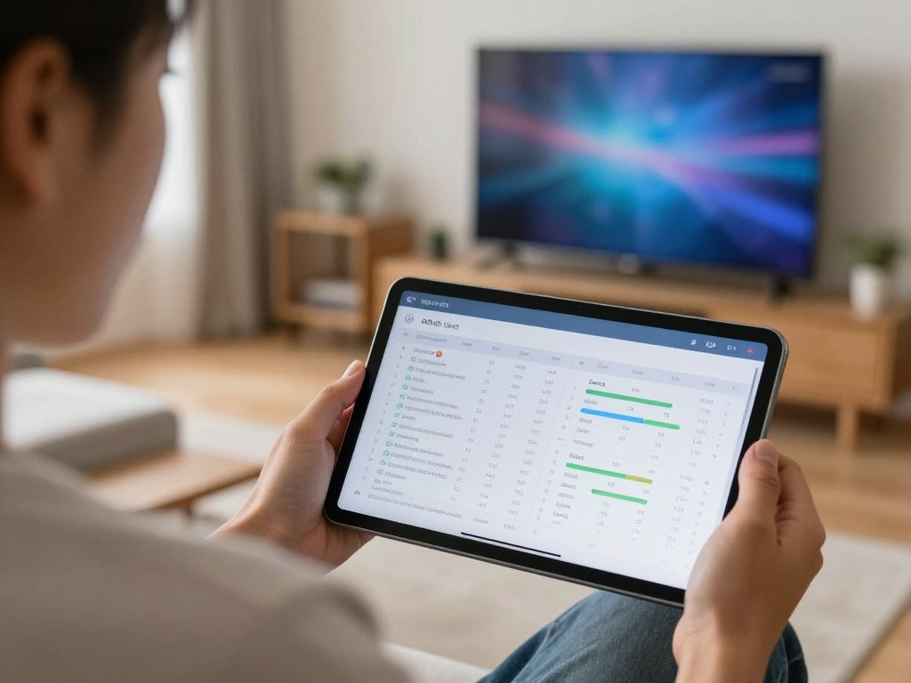 Persoană consultând ghid de alegere televizor OLED pe tabletă Persoană consultând ghid de alegere televizor OLED pe tabletă