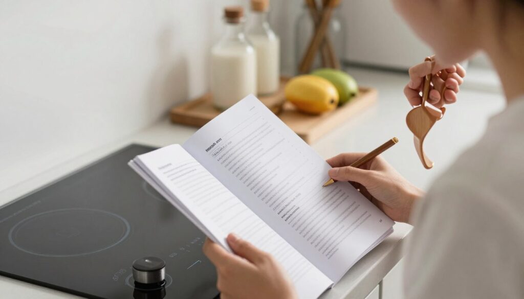 Persoana consultand ghid de utilizare plita electrica in bucatarie moderna