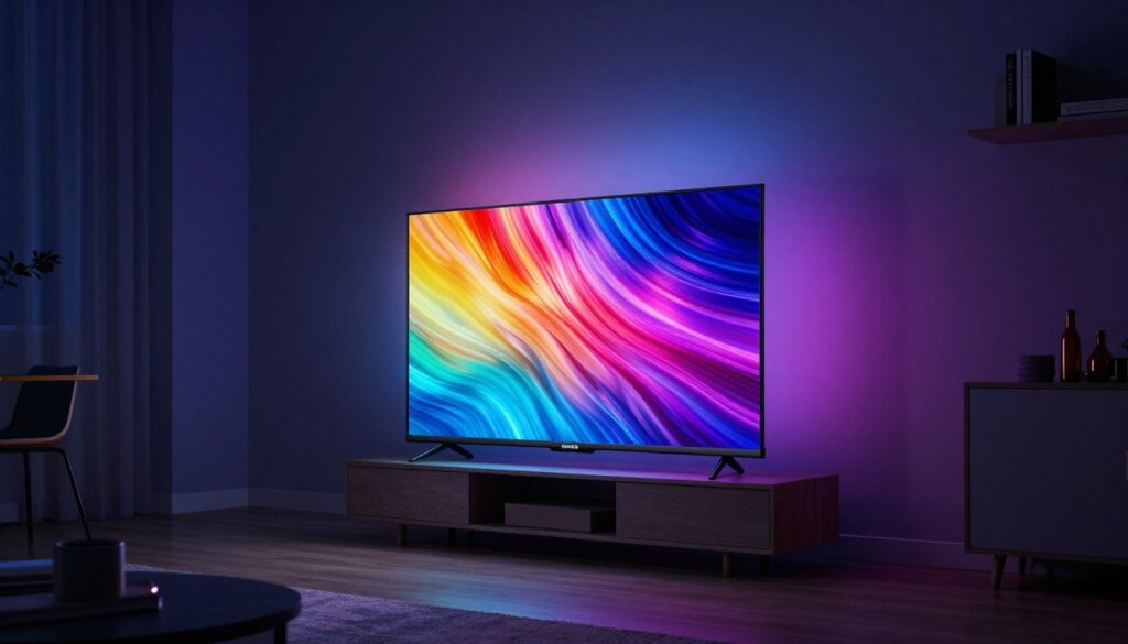 Philips Ambilight 8K TV in dark room with colorful ambient lighting on walls