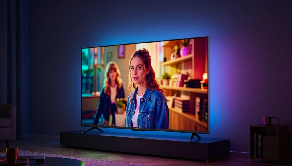 Philips Ambilight OLED cu iluminare ambientală demonstrată pe perete Philips Ambilight OLED cu iluminare ambientală demonstrată pe perete