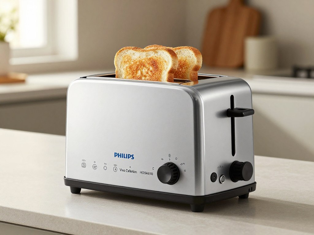 Philips Viva Collection HD2582/90 prajitor de paine cu design elegant argintiu pe blat de bucătărie modern