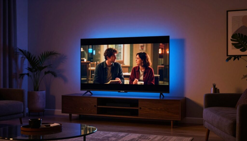 Philips cu Ambilight în living întunecat