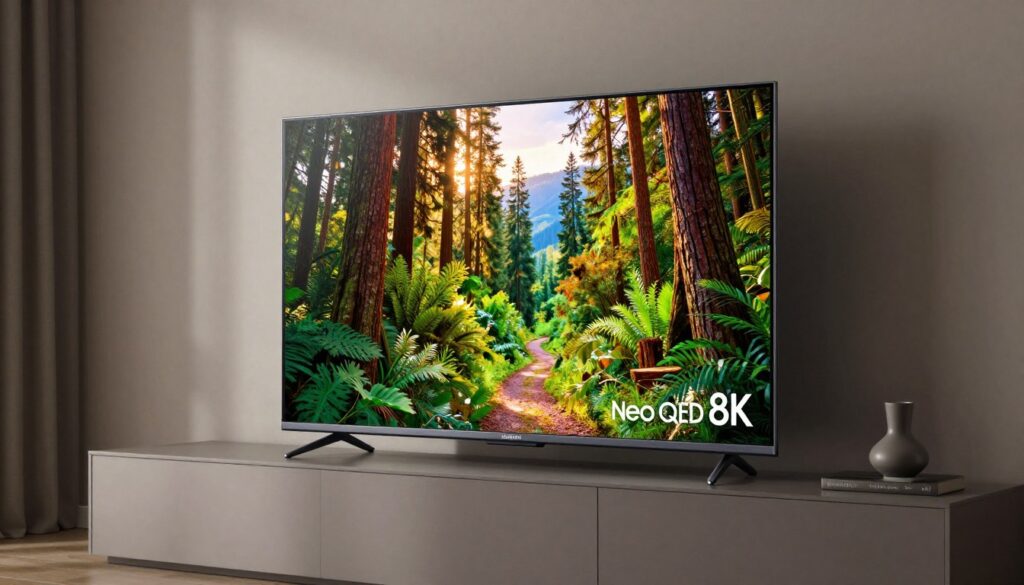 Samsung Neo QLED 8K TV displaying vibrant colorful content in modern apartment setting