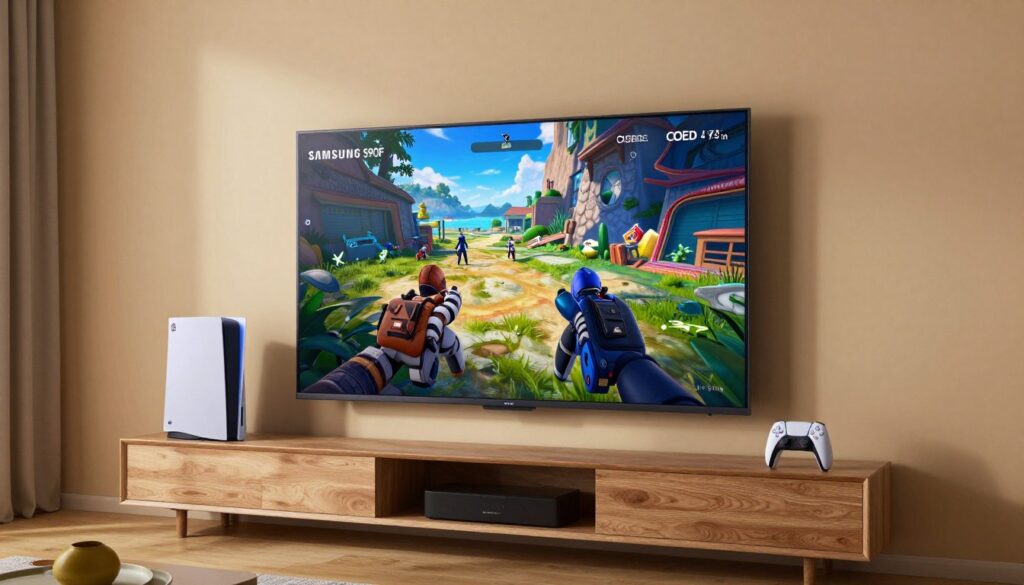 Samsung S90F OLED 65 inch afișat într-un living modern cu gaming console Samsung S90F OLED 65 inch afișat într-un living modern cu gaming console