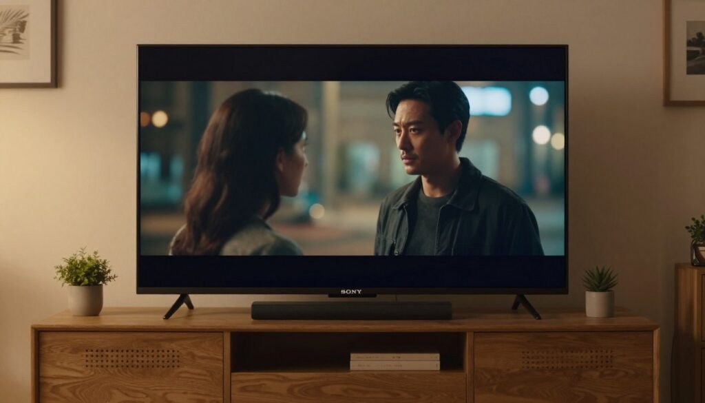 Sony Bravia 8 OLED afișând film cinematic în living cu sistem audio premium Sony Bravia 8 OLED afișând film cinematic în living cu sistem audio premium