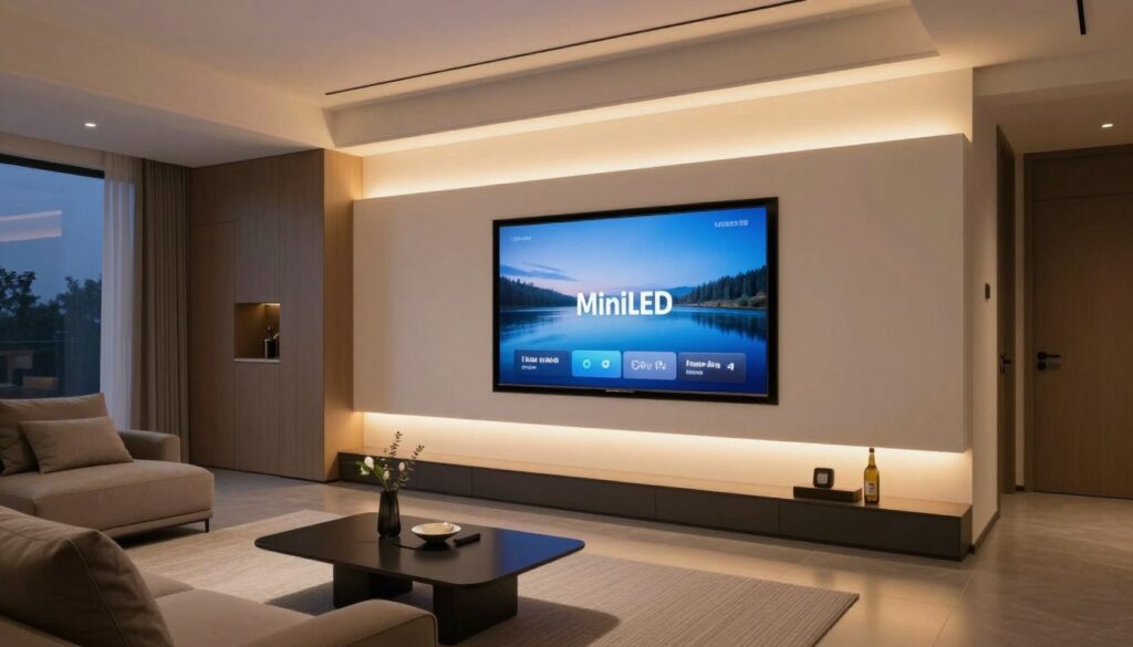 TV MiniLED modern instalat într-un living contemporan