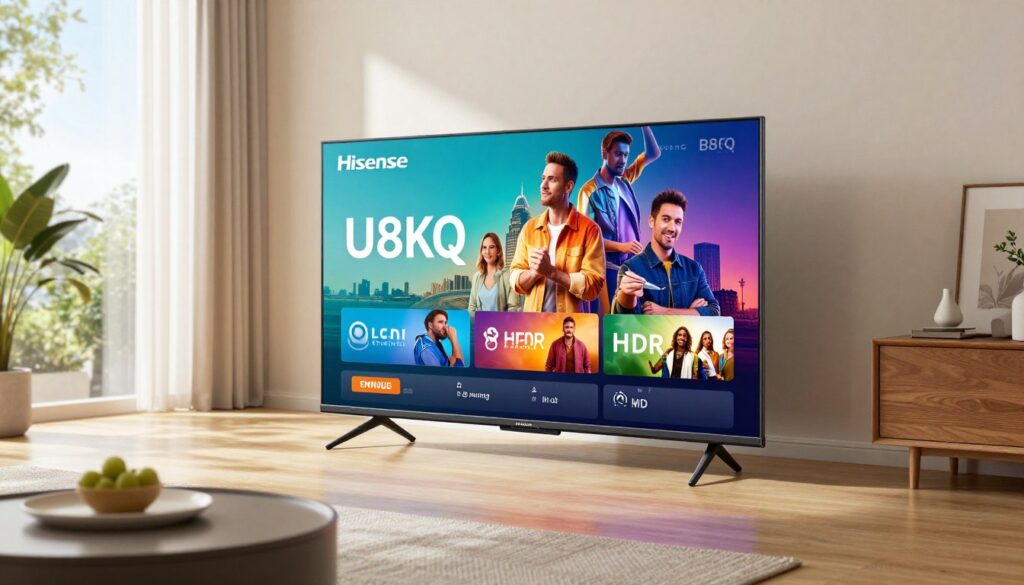 Televizor Hisense Mini-LED U8KQ afișând conținut HDR vibrant în apartament luminos