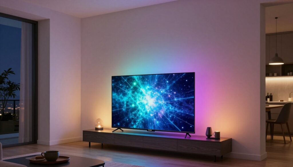 Televizor Philips OLED cu Ambilight activat într-un apartament cu design contemporan