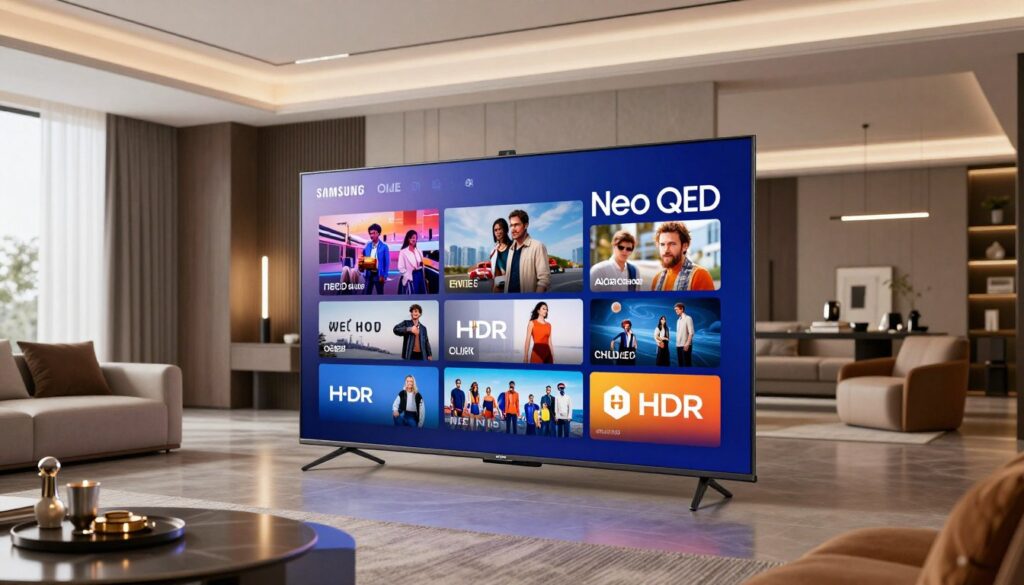 Televizor Samsung Neo QLED QN85D cu tehnologie Quantum HDR în apartament luxos modern