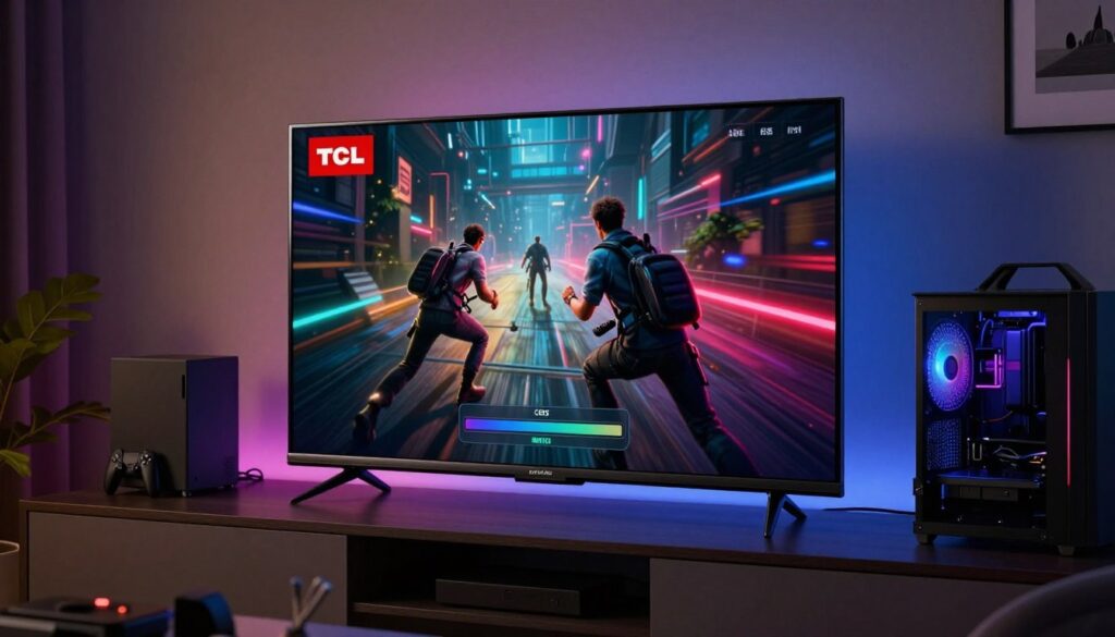 Televizor TCL Mini-LED C855 cu gaming setup în apartament modern pentru tineri