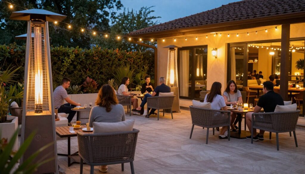Terasă confortabilă încălzită seara, oameni relaxându-se