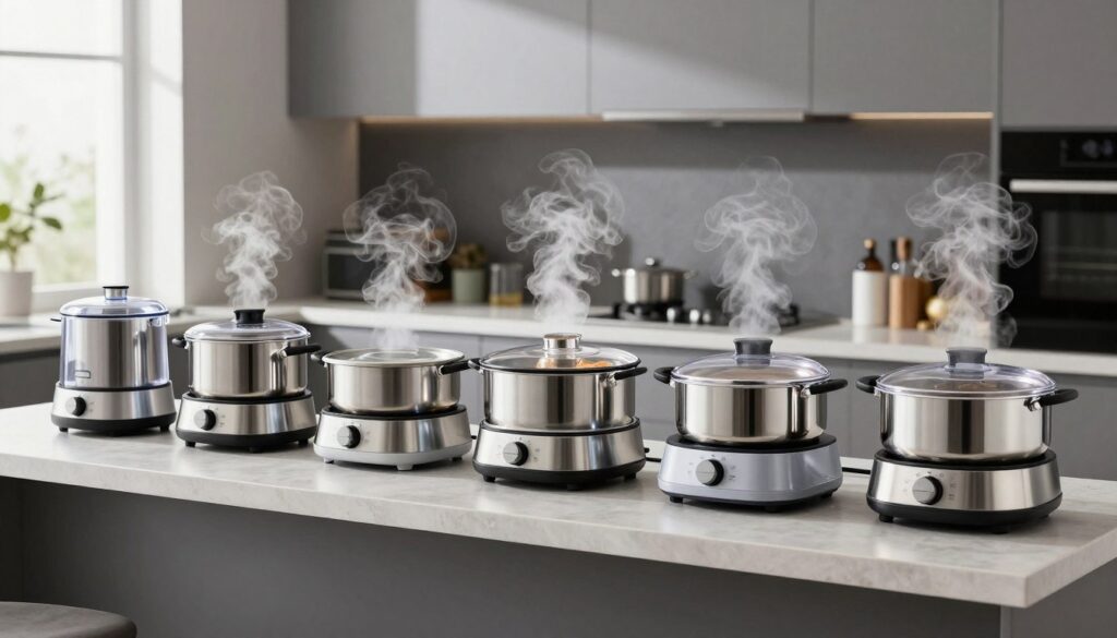 Top 7 aparate moderne de gătit cu aburi dispuse pe un blat de bucătărie contemporan
