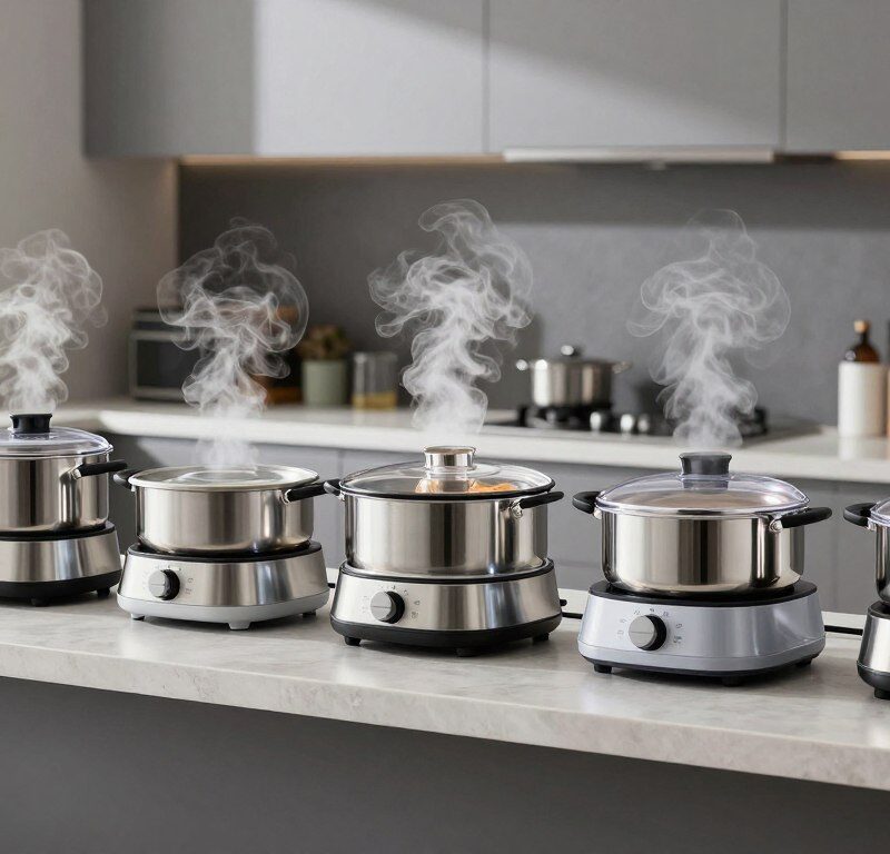 Top 7 aparate moderne de gătit cu aburi dispuse pe un blat de bucătărie contemporan