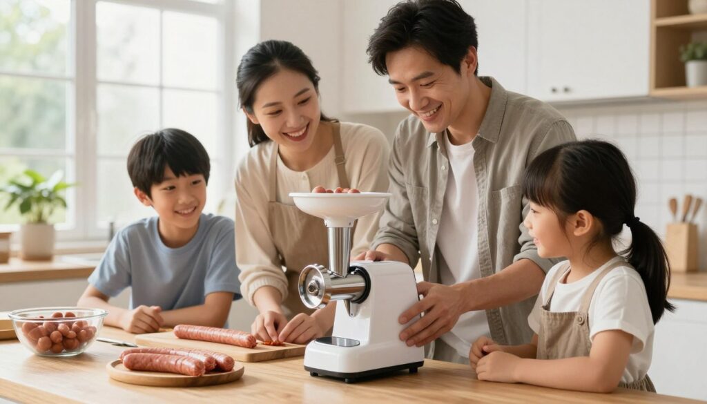 familie utilizând mașină de tocat electrică în bucătărie modernă