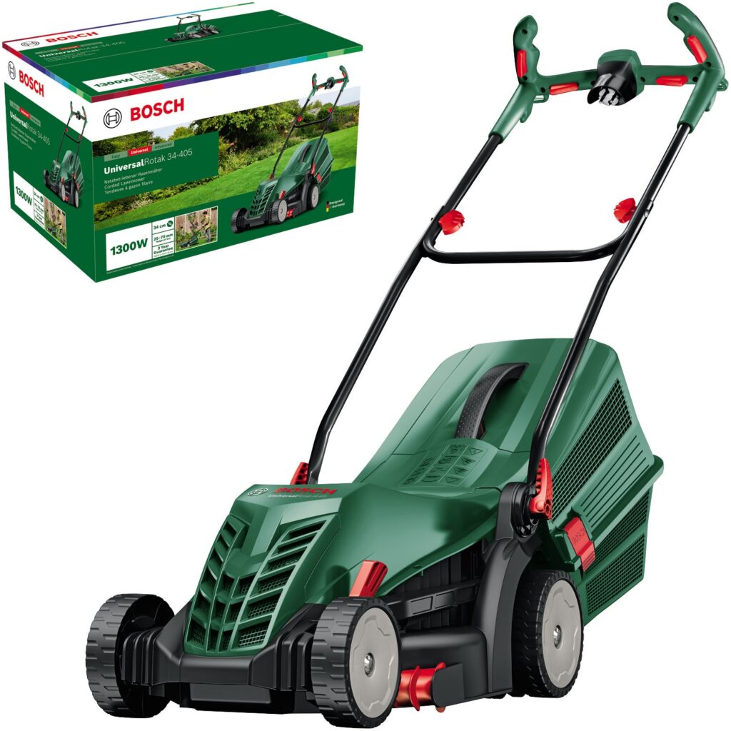 Mașină de tuns iarbă electrică cu specificațiile tehnice evidențiate