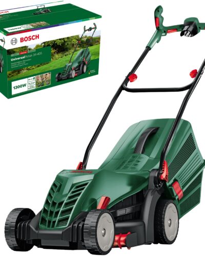 Mașină de tuns iarbă electrică cu specificațiile tehnice evidențiate