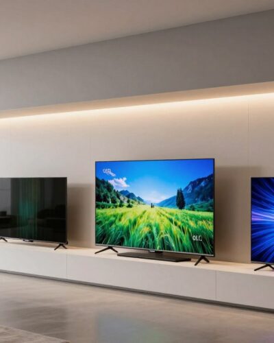 Comparație între diferite tipuri de televizoare moderne 2026 prezentate într-un showroom