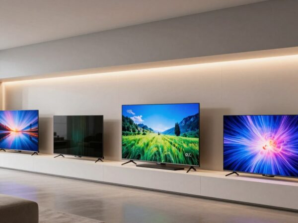 Comparație între diferite tipuri de televizoare moderne 2026 prezentate într-un showroom