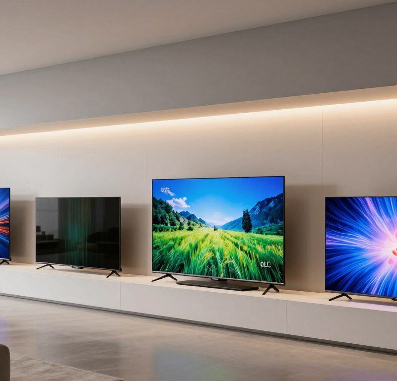 Comparație între diferite tipuri de televizoare moderne 2026 prezentate într-un showroom