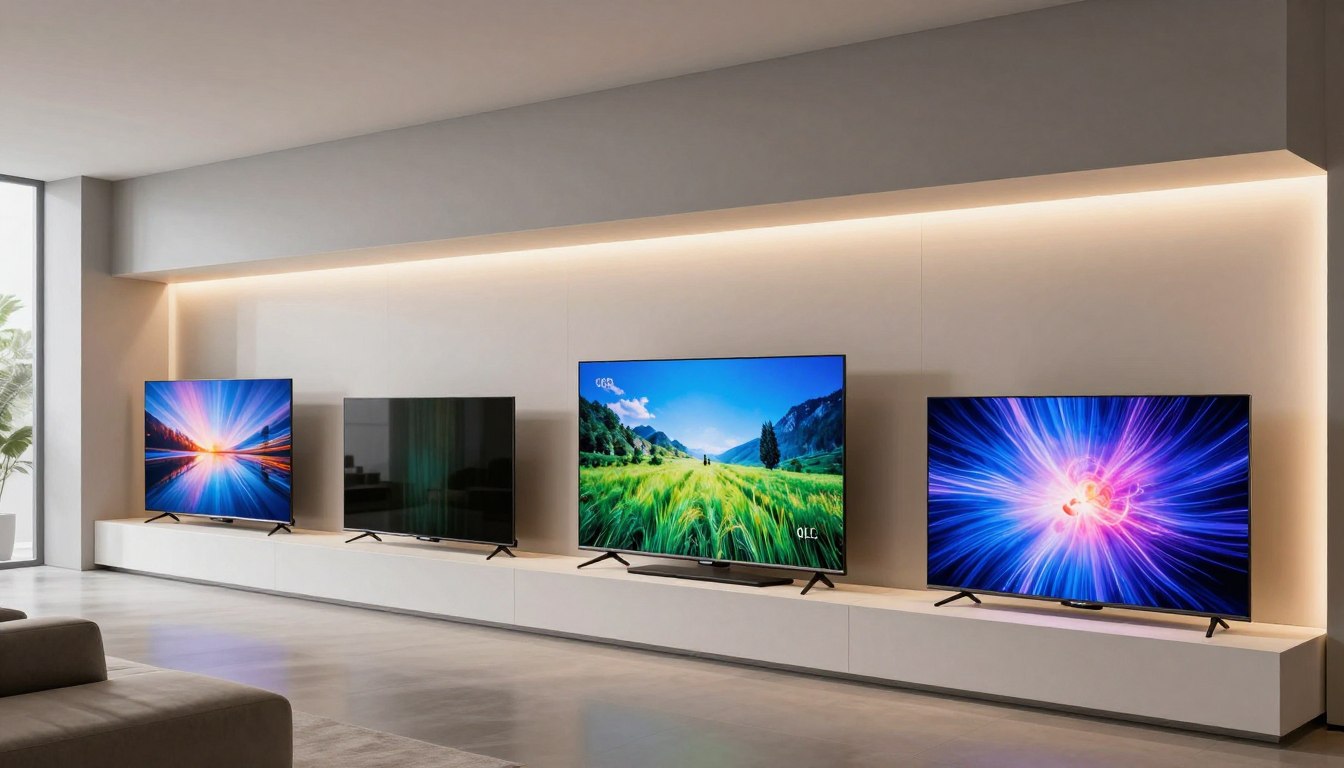 Comparație între diferite tipuri de televizoare moderne 2026 prezentate într-un showroom