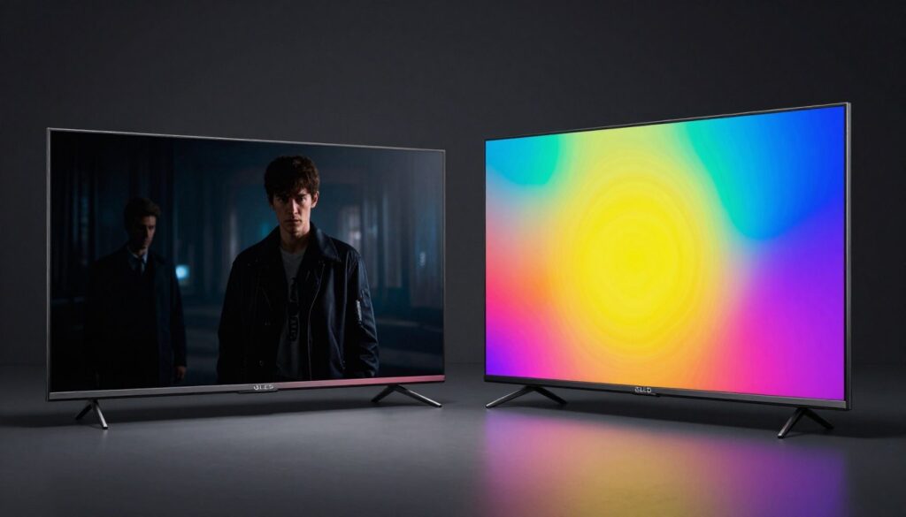 Comparație vizuală OLED vs QLED televizor 2026 arătând diferențele de contrast și culoare Comparație vizuală OLED vs QLED televizor 2026 arătând diferențele de contrast și culoare