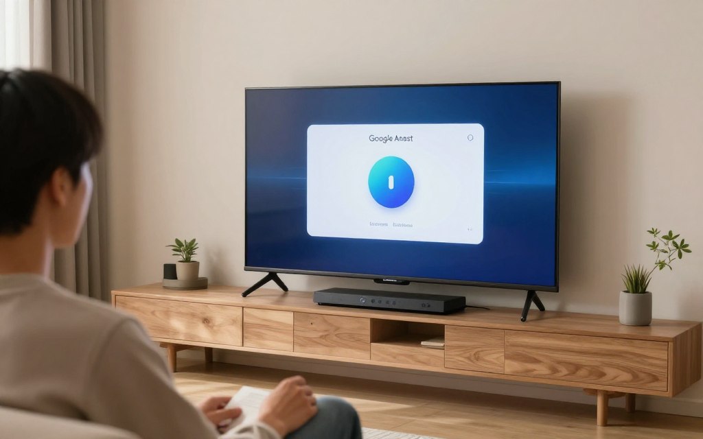 Control vocal televizor smart cu Google Assistant în living modern Control vocal televizor smart cu Google Assistant în living modern