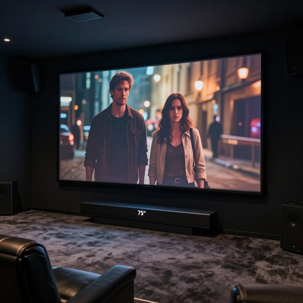 Home cinema setup cu televizor mare și soundbar Dolby Atmos Home cinema setup cu televizor mare și soundbar Dolby Atmos