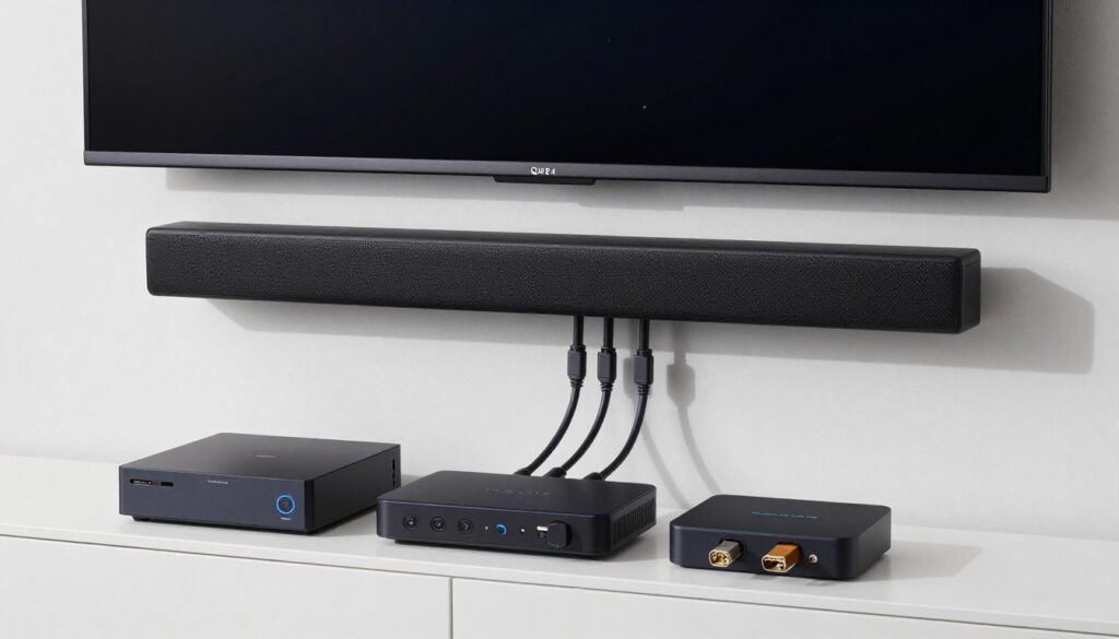 Setup complet entertainment cu televizor, soundbar și console conectate prin HDMI 2.1 Setup complet entertainment cu televizor, soundbar și console conectate prin HDMI 2.1