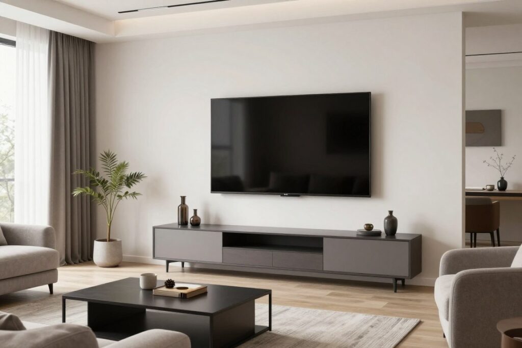 Televizor 65 inch montat pe perete într-un living modern românesc Televizor 65 inch montat pe perete într-un living modern românesc
