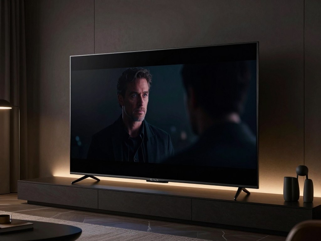 Televizor OLED 2026 afișând scene cu contrast ridicat într-o cameră întunecată Televizor OLED 2026 afișând scene cu contrast ridicat într-o cameră întunecată
