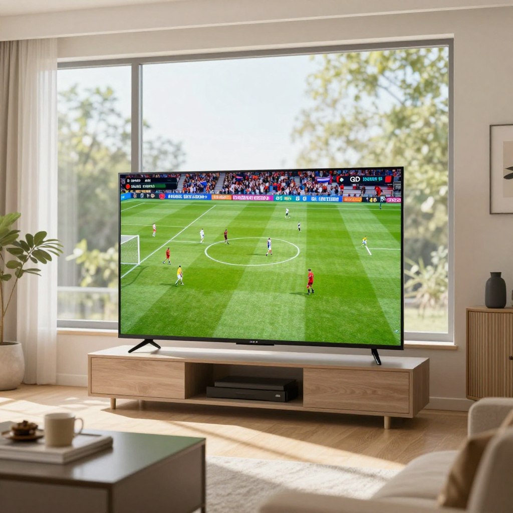 Televizor QLED în cameră luminoasă afișând meci de fotbal Televizor QLED în cameră luminoasă afișând meci de fotbal